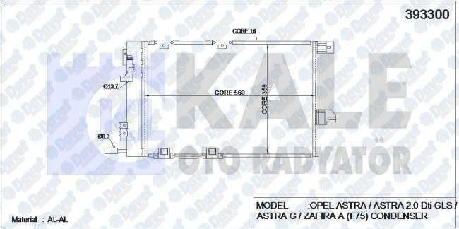 KALE 393300 Klima Radyatoru Astra G-Zafira 1.2 16v-1.4 16v-1.6 16v-1.8 16v-2.0 16v (Al/Al) (580x378x16) (Kurutucu Ile)